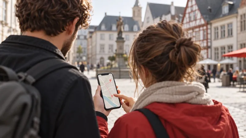 Zwei Personen schauen auf einem Marktplatz gemeinsam auf eine Karte im Smartphone