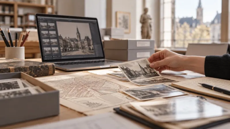 Schreibtisch mit Laptop, historischen Fotos und Stadtplänen
