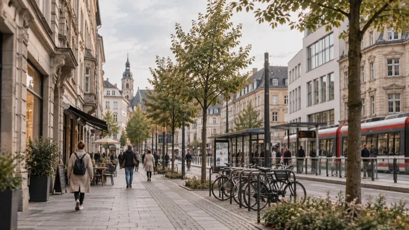 Belebte Straße in einer Innenstadt mit Bäumen, Fahrrädern und Straßenbahn
